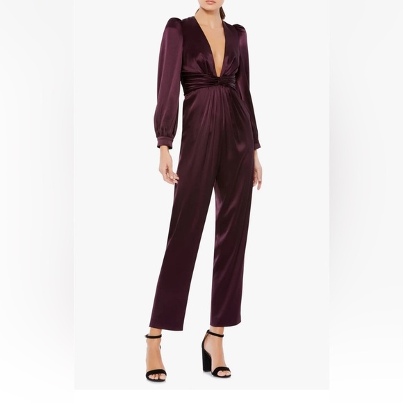 Mac Duggal Pants - NWT Ieena for Mac Duggal Long Sleeve Ruched Plunging-Neck Jumpsuit Plum